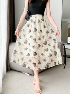 Rokken Vrouwen Vintage Mode Inkt Afdrukken Lady Elastische Hoge Taille See-Through Mesh Rok Elegante A-lijn Print Mdi 2023