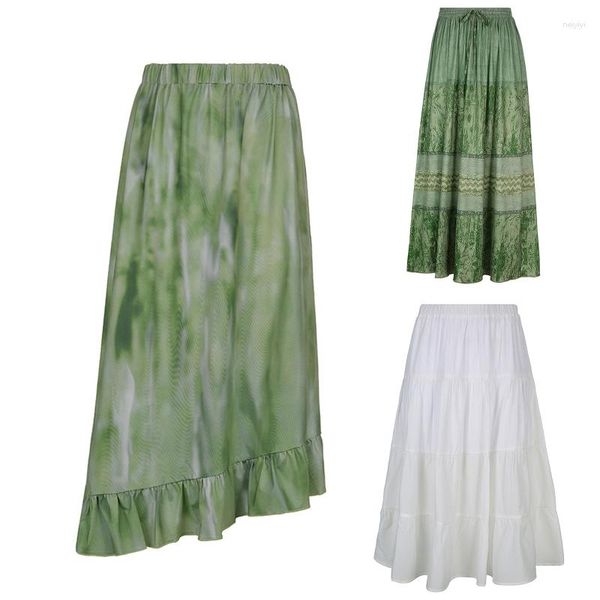 Jupes femmes Vintage à lacets nœud Midi longue jupe fluide Boho vert imprimé fleuri élastique taille haute plissée a-ligne Streetwear