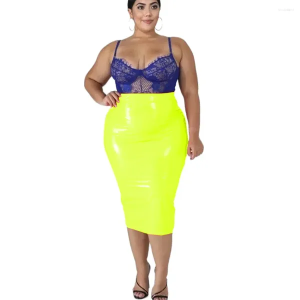 Jupes femmes Look mouillé genou longueur jupe de pansement fermeture éclair complète avant taille haute crayon Midi paquet Sexy hanches PVC Clubwear