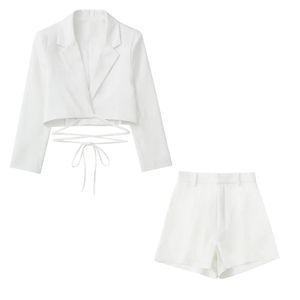 Rokken Dames Witte Cropped Blazer Met Stropdassen En Highwaist Shorts Chic Lady Zomer Elegante Mode 2 Delige Set 2022 Ensemble femme