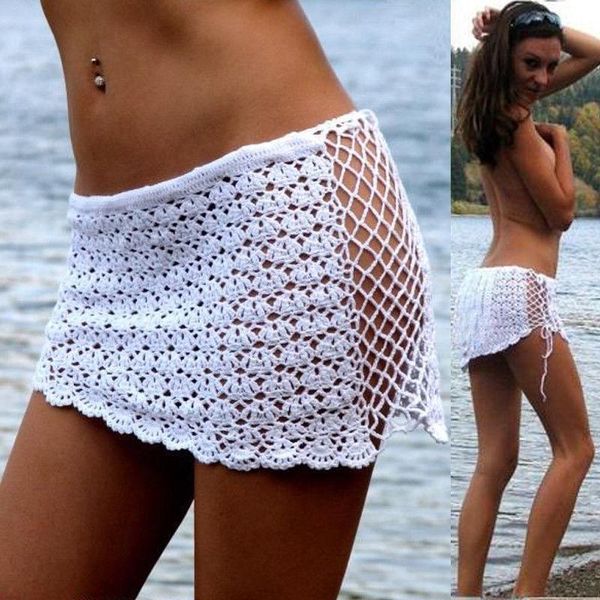 Jupes femmes portefeuille Mini jupe Crochet Bikini couvrir Sexy maillots de bain maillot de bain été plage évider Net blanc 2021 vêtements