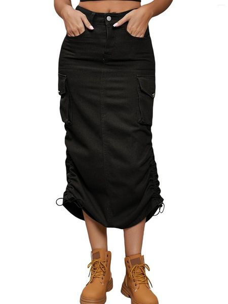 Faldas Mujer Y2K Cargo Maxi Falda con bolsillos Vintage Denim Cintura alta Largo Medio vestido Punk Hippie Streetwear (C Light Khaki