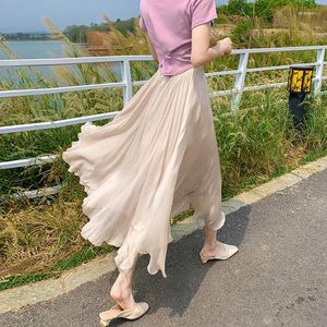 Röcke Frauen Y2K Kleidung Chiffon Kleid Halb Rock Sommer Hohe Taille Lange Apricot Farbe A-Linie Puffy Koreanische