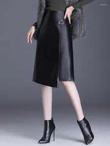Jupes femmes 2023 automne hiver jupe en cuir noir PU Patchwork taille haute genou longueur S-3XL taille asymétrique 9792