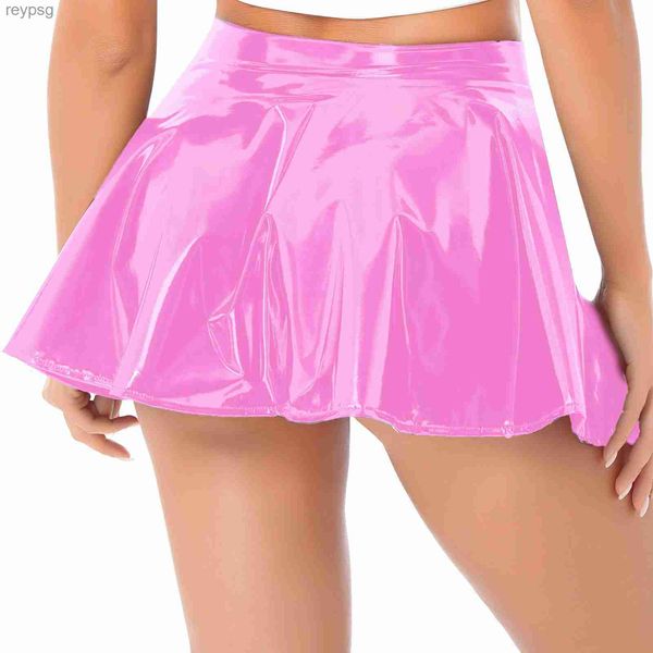 Jupes Femmes a-ligne courte mini jupes brillant Latex cuir évasé minijupe avec fermeture éclair Club Bar pôle danse Performance Costumes YQ240201