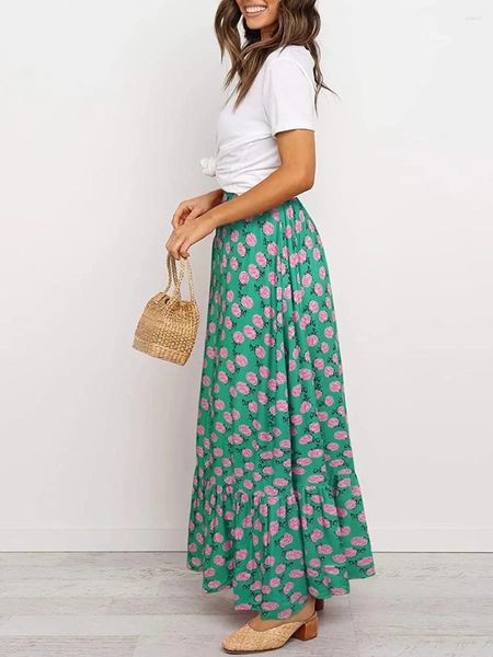 Faldas para mujeres bohemio floral maxi elástico alta cintura a la línea A-líneas ruffle dobladillo