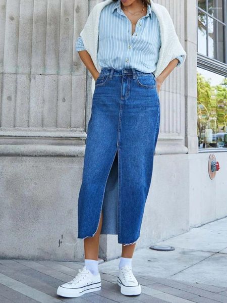 Jupes Femmes Casual Fente Denim Midi Jean Jupe Stretch Taille Haute Effiloché Boutonné Avec Poches