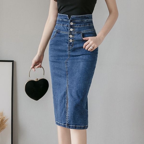 Faldas para mujer Denim Wrap Falda Alta Wasit Botones Jeans Mujer Lápiz Frente Split 2022 Verano Vintage