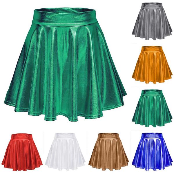 Faldas Fashion Mmuticolor Mmuticolor Metallic Skirt 2024 Nuevo brillante y brillante plantado placentado una línea Mini Skort High Wist Fast Skirt Y240420