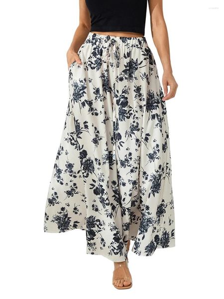 Faldas para mujer fluida maxi falda vintage estampado floral de cintura alta dibujando una línea larga con bolsillos