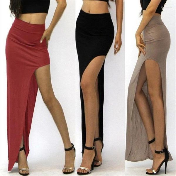 Faldas para mujer Falda de cintura alta Sexy Long Lady Novedad Lado abierto Split Slit Maxi