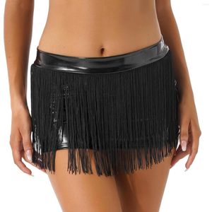 Jupes Femmes En Cuir Verni Tassel Jupe Pour Pole Dancing Wet Look Clubwear Taille Basse À Franges Minijupe Night Club Bar Rave Costume