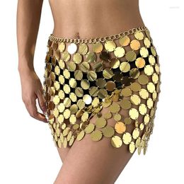 Jupes femmes Sexy paillettes brillantes Mini jupe ajouré couleur unie taille chaîne bijoux de corps discothèque fête Festival Costume