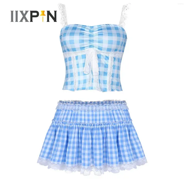 Jupes Femmes deux pièces à plaid tenue en dentelle Spaghetti crop tops carré couches sans manche Camisole Ruffled A-Line Mini jupe d'été