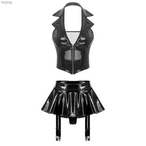 Faldas para mujer Wet Look Charol Halter Chaleco con minifalda Tangas incorporadas Clips de liga Fiesta Pole Dance Lencería sexy Clubwear YQ240201