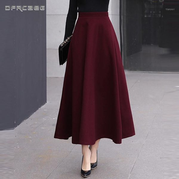 Jupes femmes hiver 2022 mode streetwear laine longue jupe plissée avec ceinture décontracté dames Saia Longa noir taille haute laine