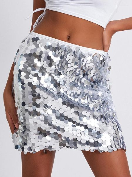 Faldas wsevypo 2023 moda lentejuelas shiy bodycon mini femenina sexy cintura corta corta falda club club de baile de vientre
