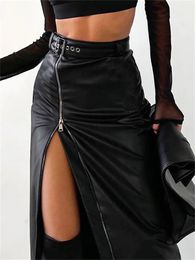 Jupes Wsevypo noir PU cuir taille haute crayon Vintage Grunge femmes Streetwear fermeture éclair fendu moulante jupe mi-longue avec ceinture 231201