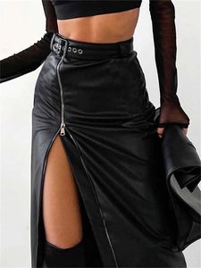 Rokken wsevypo zwart pu lederen hoge taille koker rok vintage grunge dames rits high split midi met riem skiën q240507