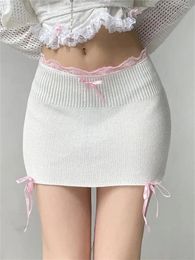 Jupes wsevypo fairycore sweet blanc knit bodycon esthétique vêtements en dentelle de la taille de la taille mi-taille bandage arrière