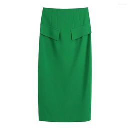 Rokken xikom 2022 Autumn Green Long voor vrouwenzakken hoge taille knie lengte streetwear slank vintage rok