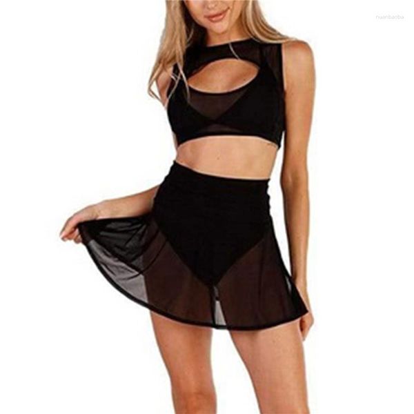 Faldas Xingqing Mujeres Niñas Swim Cover Ups Traje de baño Cover-up Sexy Ladies Cintura alta Short Mesh Sheer See-Through Bikini Coverups