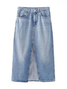 Rokken 2023 Vrouwen Mode Denim Midi Rok Vrouw Vintage Hoge Taille Rits Voor Split Vrouwelijke Chic