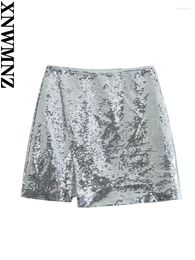 Jupes Xnwmnz 2024 Femmes Mode Silver Sequin Split Jupe Femme High Street Retro Taille Femme Chic Mini