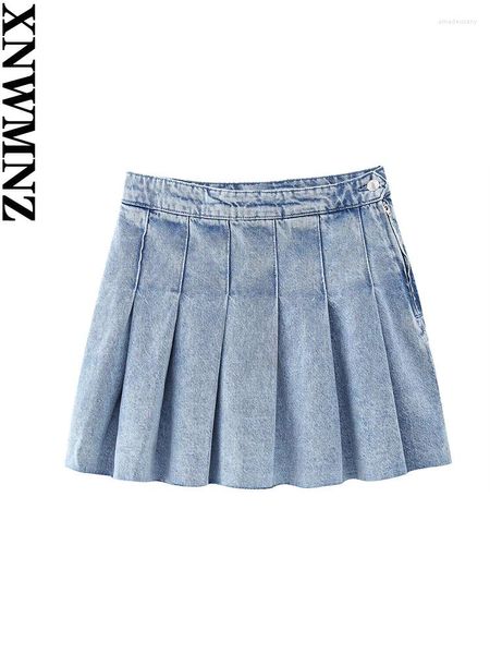 Jupes xnwmnz femmes mode denim box plie mini jupe 2024 femme hauteur de taille coulée zipper femelle chic