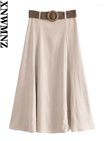 Jupes Xnwmnz Mode féminine 2023 Mélange de lin Ceinture Midi Jupe Femmes Vintage Taille haute A-ligne Ourlet évasé Femelle Chic