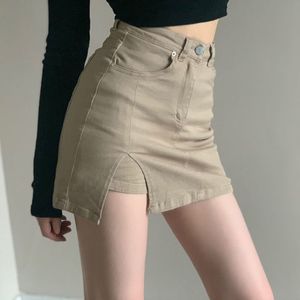 Faldas XPQBB Mujeres Caqui Denim Corte Corea Corea High Wisting Mini Skirt Mujer Spring Summer Paquete Sexy Hip 230504