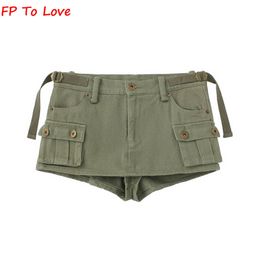 Jupes Y2K Armygreen Poche Shorts Mini Sexy High Street Noir Élégant Bouton Chic Bas Femme PB ZA Femme 230327