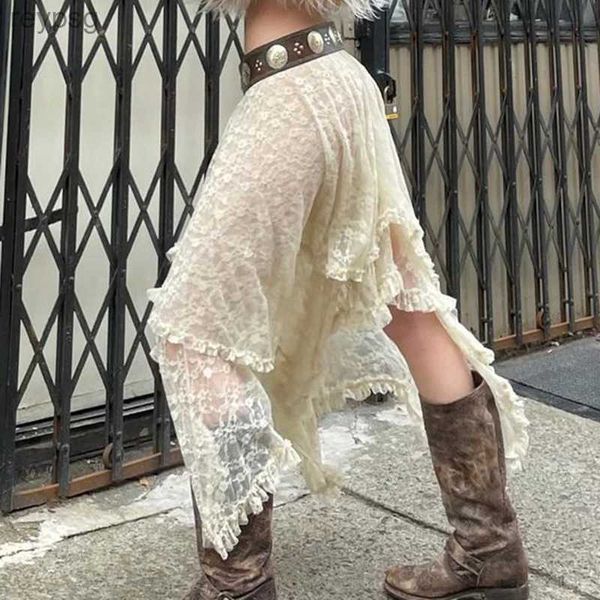 Jupes Y2K Beige Fairycore Boho asymétrique dentelle garniture Midi jupes femmes taille basse une ligne Vintage été Harajuku vacances tenues nouveau YQ240201