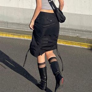 Faldas Y2K negro fruncido falda con cordón Harajuku Vintage cintura baja Cargo Streetwear mujeres hasta la rodilla Retro Bottoms ropa