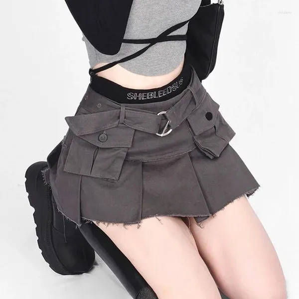 Jupes Y2K Denim Cargo Gland Femmes Streetwear Patchwork Plissé Mini Jupe Harajuku Taille Haute Multi Poche Jeans Une Ligne