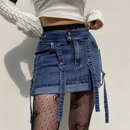 Jupes Y2K Denim Couleur Solide Taille Haute Ceinture Design A-Line Mini Streetwear Femmes Printemps Eté Casual