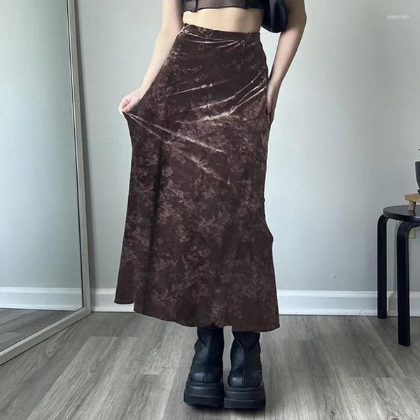 Jupes Y2K Fairycore Grunge imprimé floral longue marron taille haute à volants droite maxi streetwear boho tenue fête de vacances