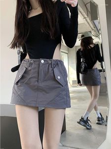 Rokken Y2k Harajuku Cargo Mini Vrouwen Koreaanse Mode Effen Hoge Taille Trekkoord Slanke A-lijn Rok Streetwear Retro Verdeeld