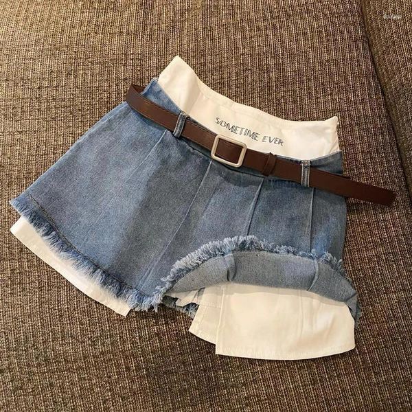 Jupes y2k patchwork denim mini jupe femme streetwear hauteur taille plissée jeans harajuku coréen mode une ligne