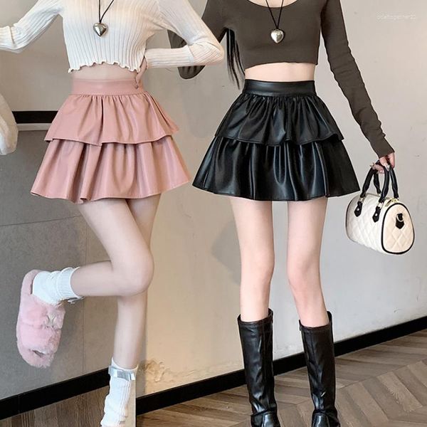 Jupes y2k plissée pu cuir mini jupe femme coréen mode haute taie robe de bal femelle kawaii tout match noir faldas rose