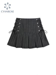 Jupes Y2k jupe plissée femmes Sexy taille haute gris rayure pansement Mini été une ligne Vintage Harajuku Streetwar 230703