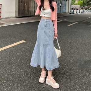 Rokken y2k ruches lange zeemeermin denim rok dames Koreaanse sexy bodycon strakke maxi flare rok blauwe jeans trompet rok plus maat 4xl 230313