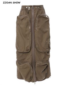 Jupes y2k safari taise élastique armée de cargaison verte jupe d'été femmes coton avant 3d poches centrales zipper maxi long 230317