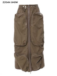 Jupes Y2K Safari taille élastique armée vert Cargo jupe été femmes coton avant 3D poches fermeture éclair centrale Maxi longue 230720