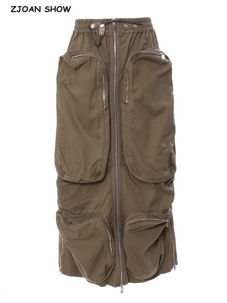 Jupes Y2K Safari taille élastique armée vert Cargo jupe été femmes coton avant 3D poches fermeture éclair centrale Maxi longue 230720