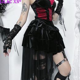 Rokken y2k sexy zwart fluwelen kanten trim met hoge taille mini faldas goth vintage esthetische gelaagde a-lijn lolita korte rok vrouwen