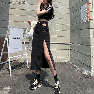 Skirts Y2k Skirt Woman 2022 Denim Skirts Jupe Women Jeans High Waist Calf Length Blue / Black Summer Clothes Streetwear Dropship W0308