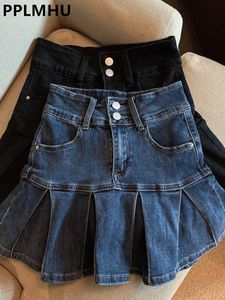 Jupes Y2k Streetwear Sexy Mini Denim Jupe Plissée Femmes Taille Haute Vintage Bleu Preppy Style Uniformes Sécurité Court Jean Jupes 230809