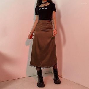 Jupes Y2K Vintage femmes Midi 90s Plaid e-girls taille haute marron Indie esthétique impression a-ligne longue jupe été Streetwear