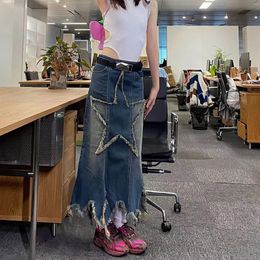 Jupes y2k femmes coréen mode kawaii harajuku étoile du genou longueur midi long jupe gothique jeans grunge denim maxi emo vêtements 230110